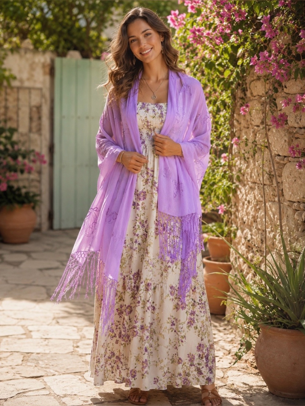 Lavender sheer fabric shawl wrap with fringe
